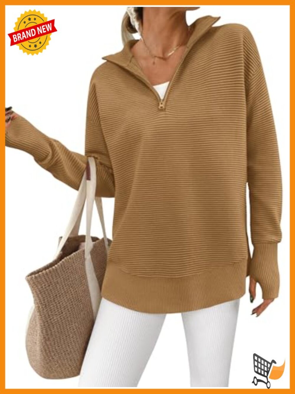 Women's Quarter Zip Ribbed Knit Pullover Sweater with Thumb Holes Loose Fit